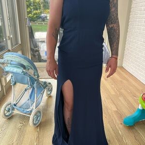 Elegant Navy Blue Sleeveless Gown with Slit